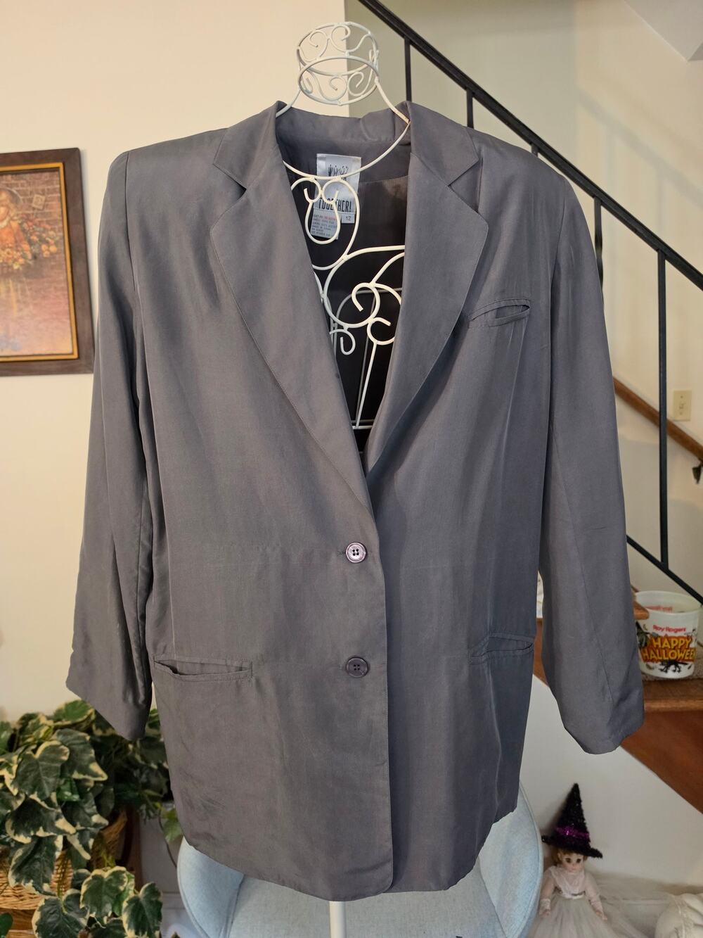 Vintage Together 100% Silk Grey Oversized Blazer Jacket 90s Minimalist Old Money